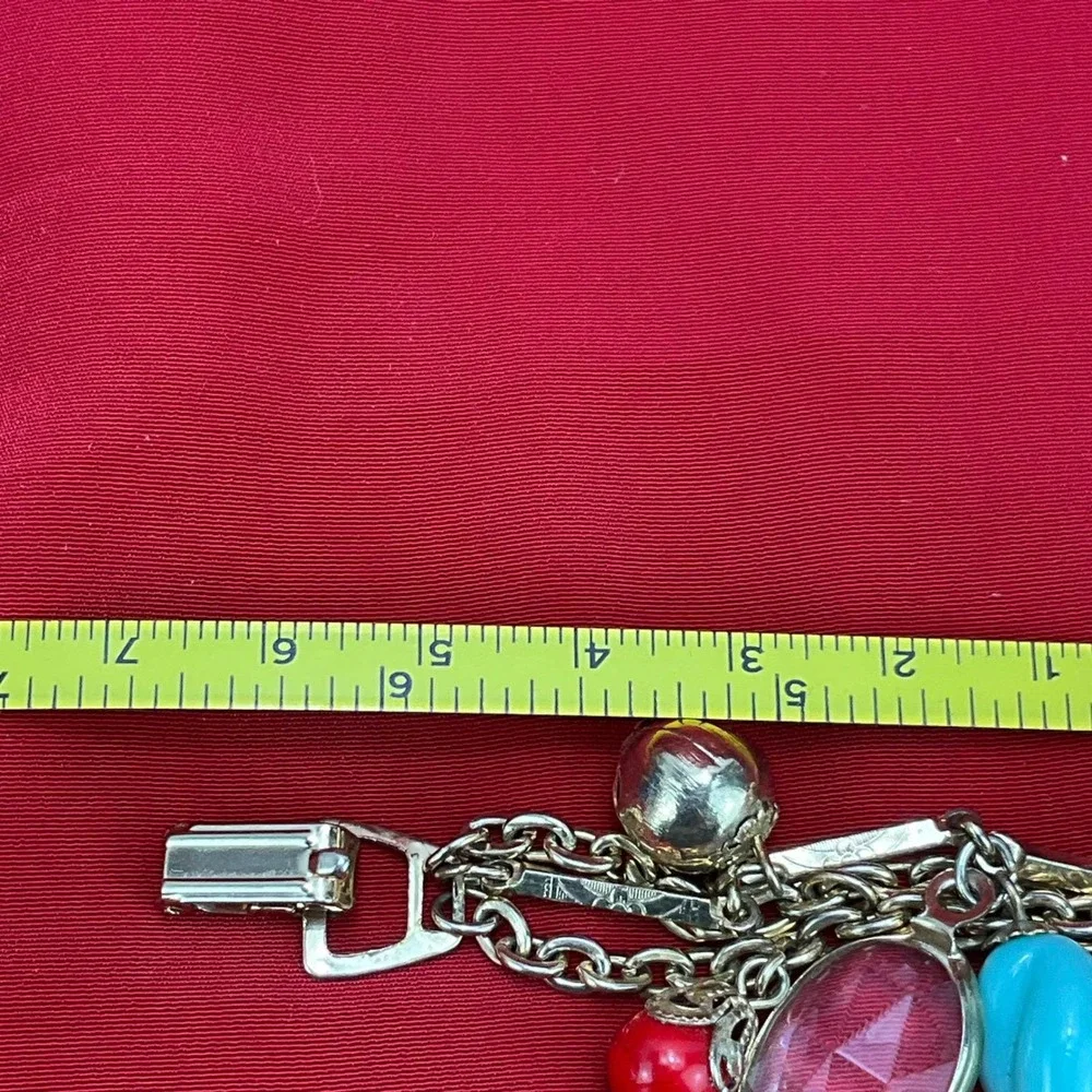 Vintage Gold Tone Multi Strand Colorful Bead and Glass Charm‎ Bracelet 7.5 Inch
